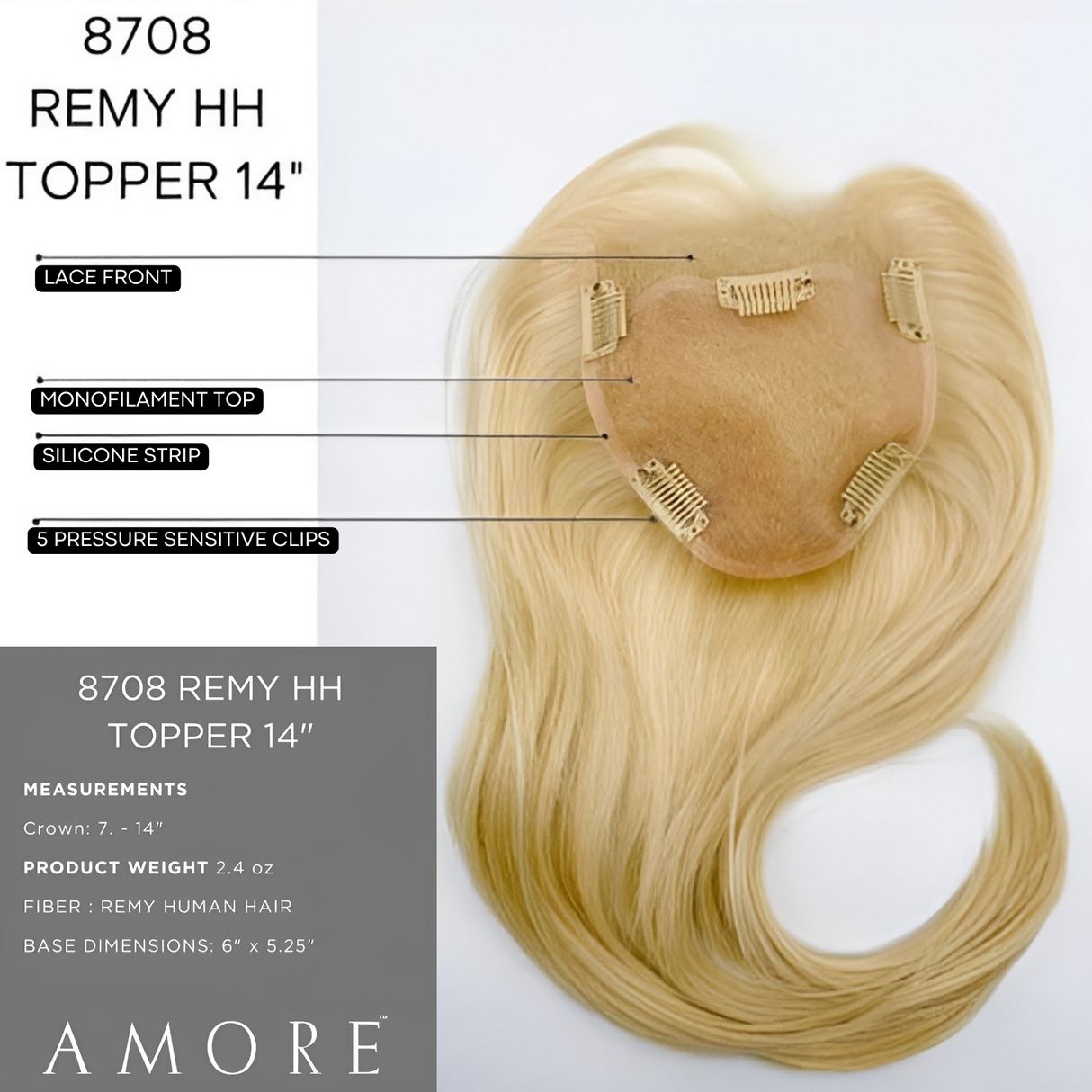 Remy Human Hair 14" Top Piece - Accessory Hairpiece Collection by Amore