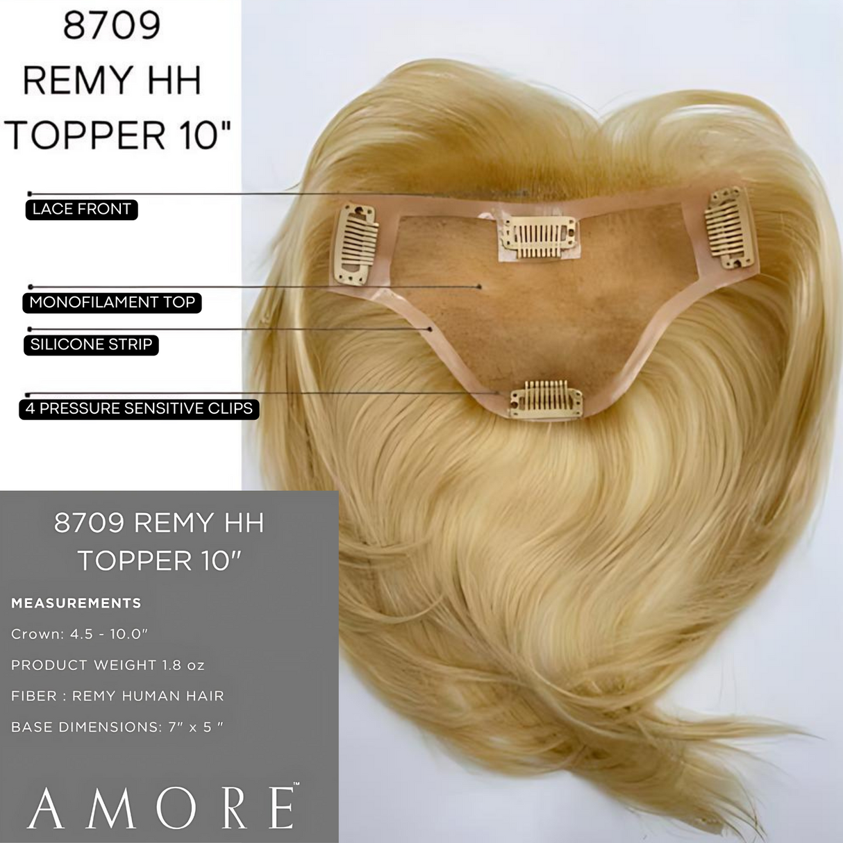 Remy Human Hair 10" Top Piece - Accessory Hairpiece Collection by Amore