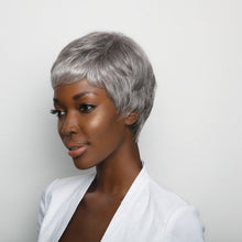 Load image into Gallery viewer, Short-length synthetic wig. This straight ready-to-wear wig is a fashion forward pixie with tapered nape. Gabby is machine made with adjustable tabs in the back nape area to allow a more comfortable fit. The result is a comfortable fit with a natural look that is both fashionable and easy to wear. Shown in Silver Stone
